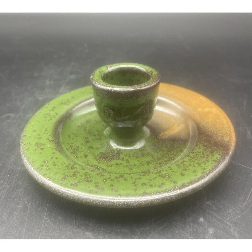 Studio Art Pottery Green Brown Orange‎ Glazed Candle Stick Holder Signed 6